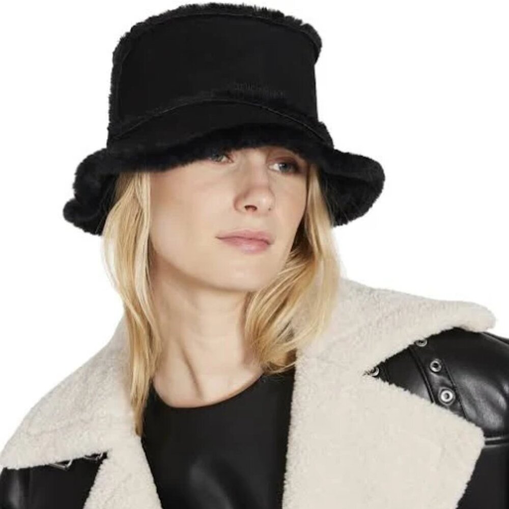 Steve Madden Women's Faux-Shearling Bucket Hat with Faux Fur Trim